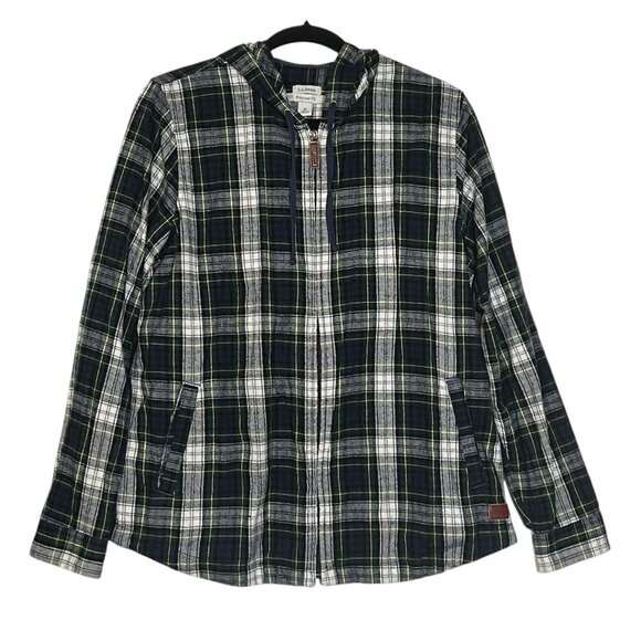 L.L. Bean Scotch Zip Up Flannel Hooded Plaid Green Blue White Size Medium Fall - Picture 1 of 10
